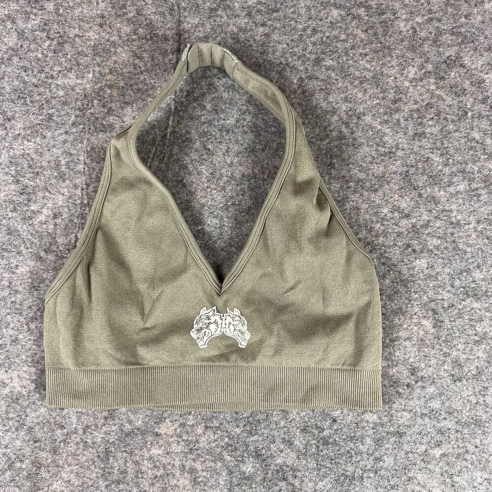 Darc Sport halter sports bra in olive green with a white wolves Size XS